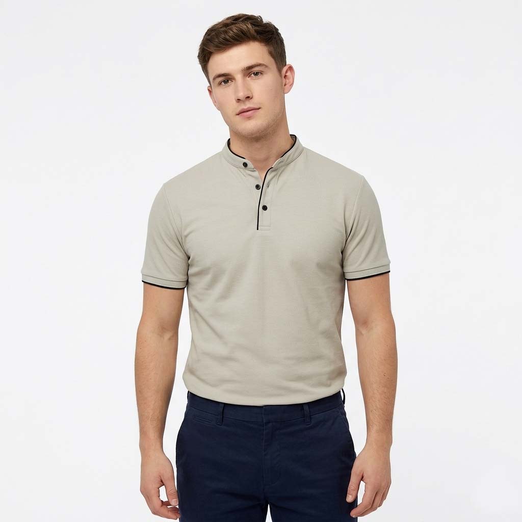 Men's Polo Shirt - Grandad Collar with Contrast Piping