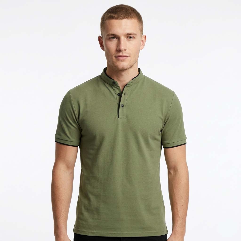 Men's Polo Shirt - Grandad Collar with Contrast Piping