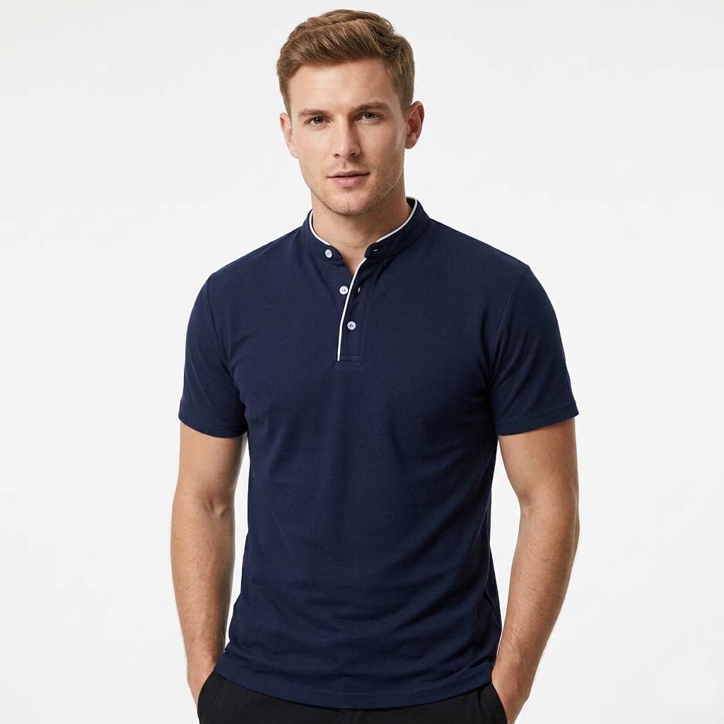 Men's Polo Shirt - Grandad Collar with Contrast Piping