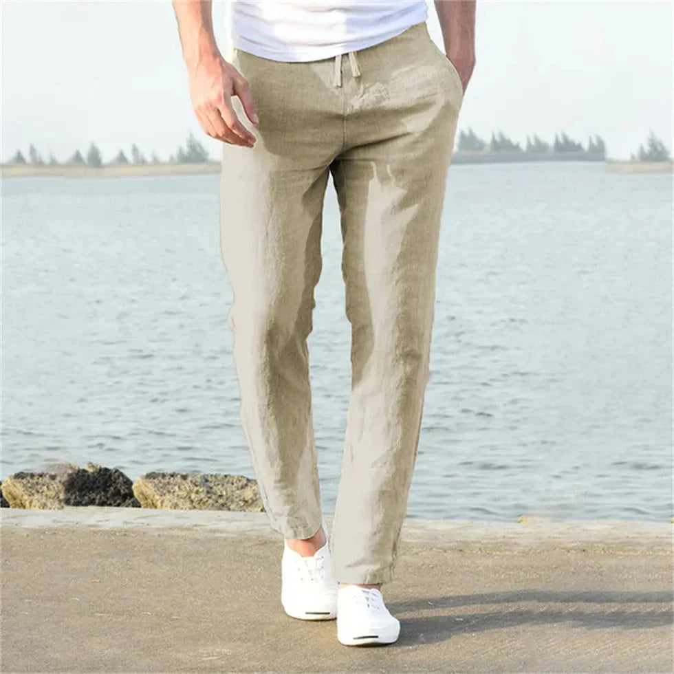 Men's Linen Trousers - Drawstring Waist Design and Relaxed Straight Leg Detail