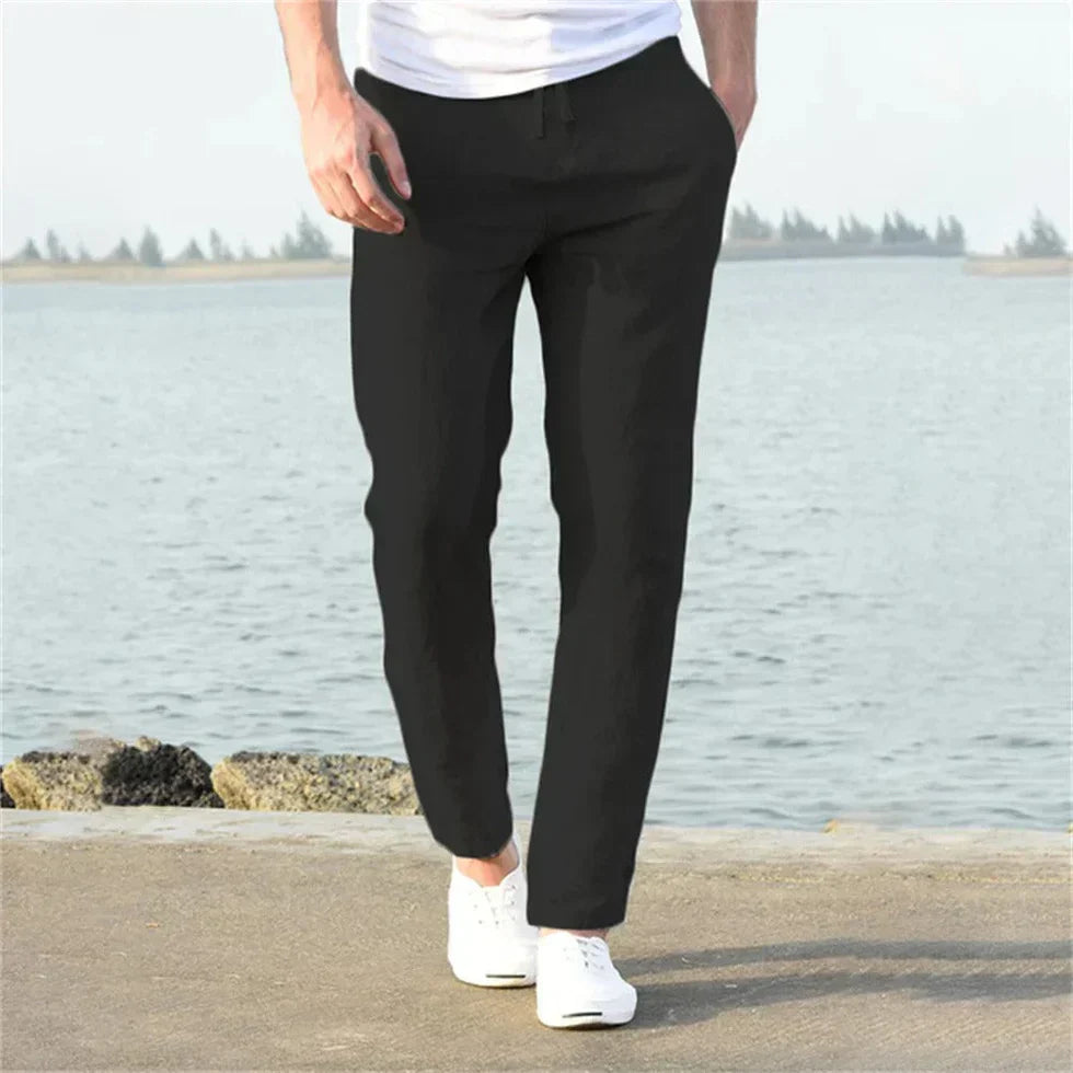 Men's Linen Trousers - Drawstring Waist Design and Relaxed Straight Leg Detail
