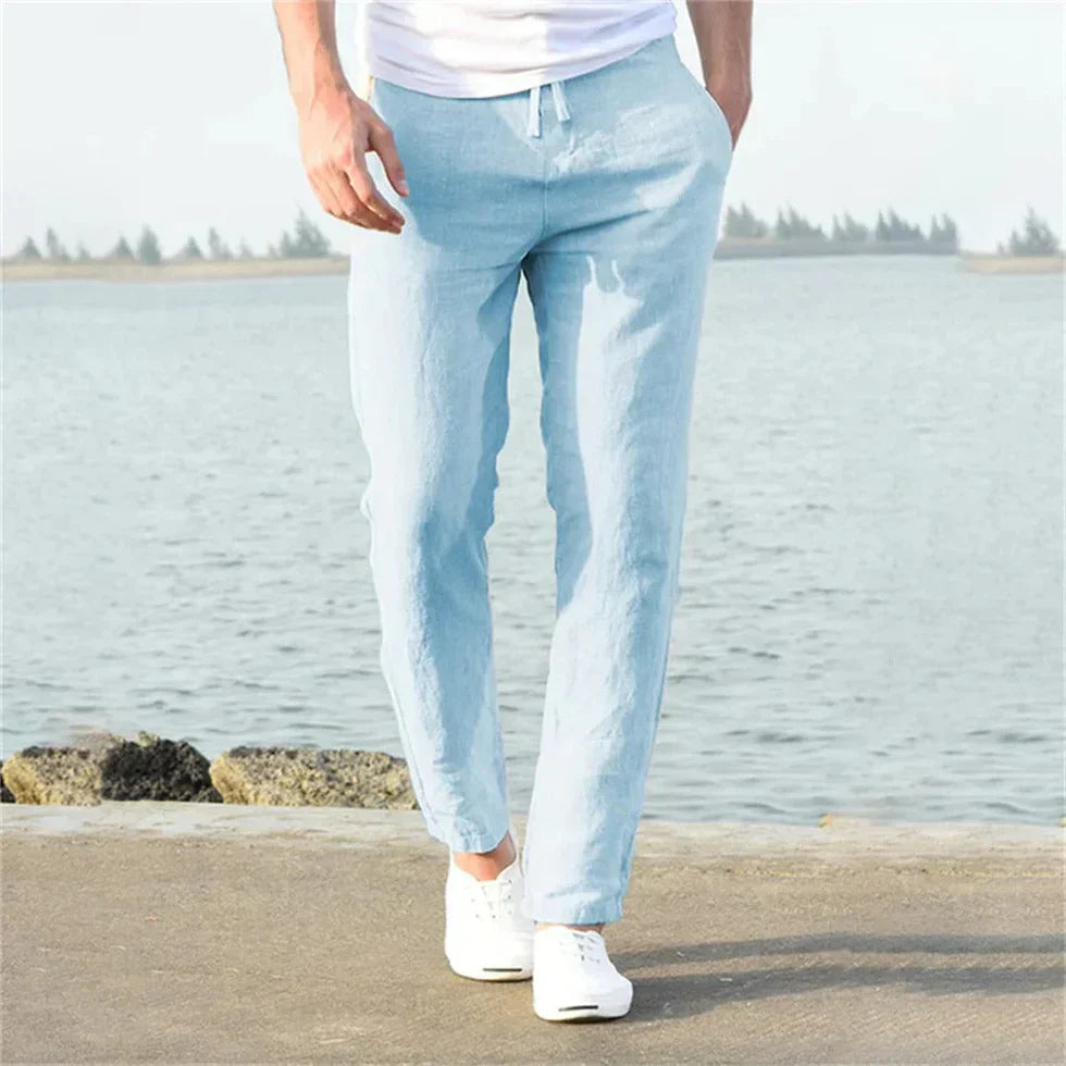 Men's Linen Trousers - Drawstring Waist Design and Relaxed Straight Leg Detail