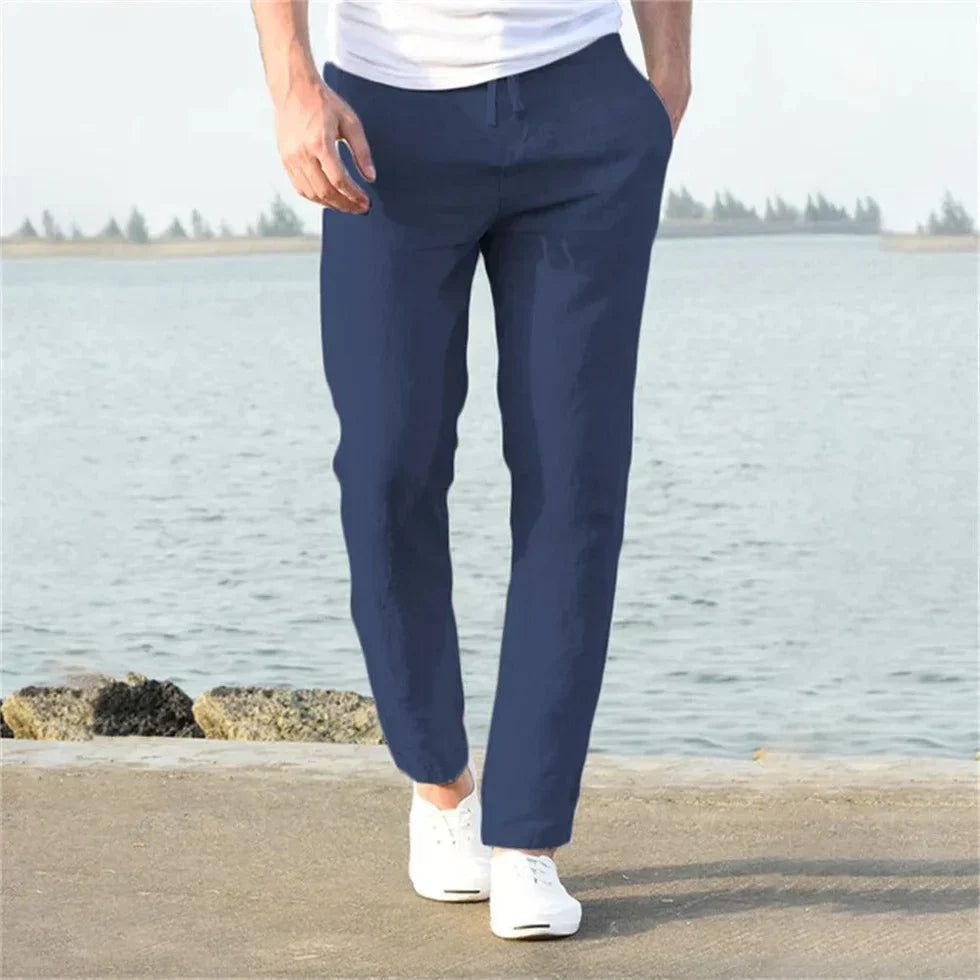 Men's Linen Trousers - Drawstring Waist Design and Relaxed Straight Leg Detail