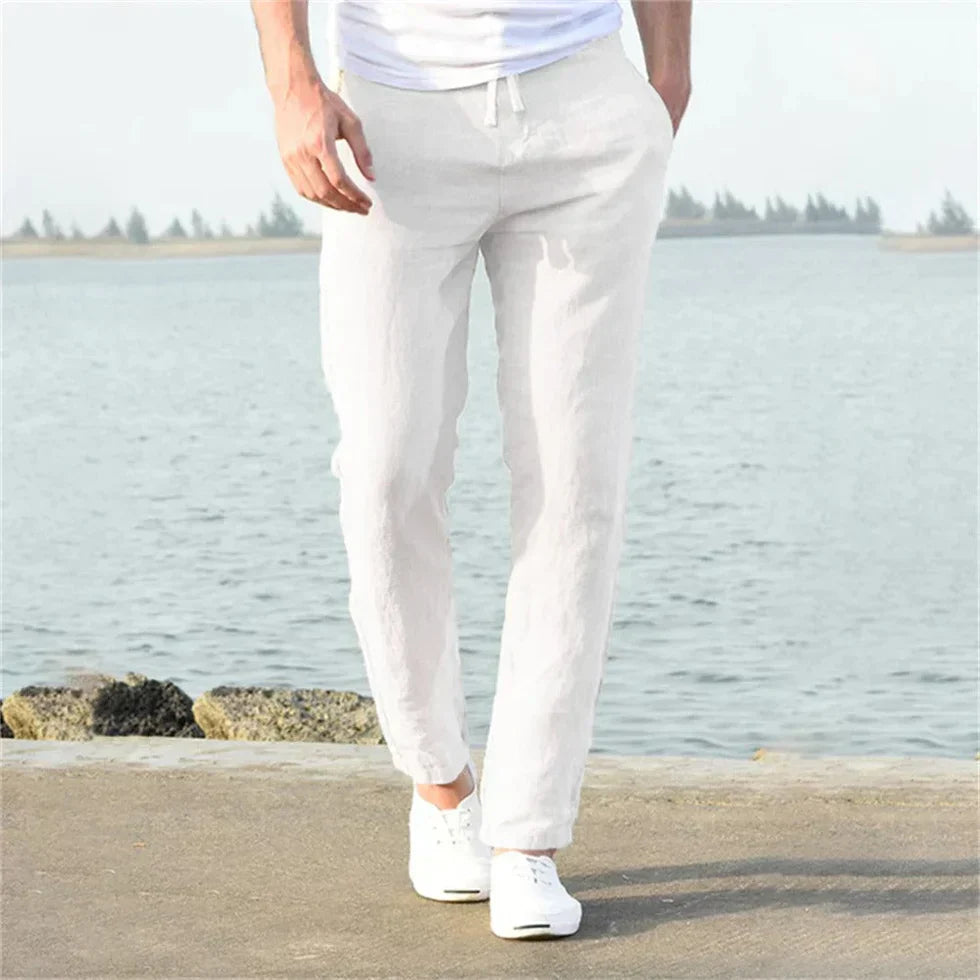 Men's Linen Trousers - Drawstring Waist Design and Relaxed Straight Leg Detail