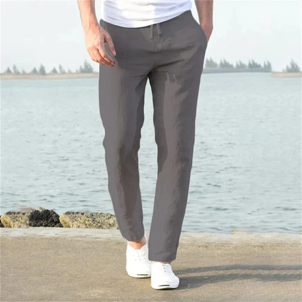 Men's Linen Trousers - Drawstring Waist Design and Relaxed Straight Leg Detail