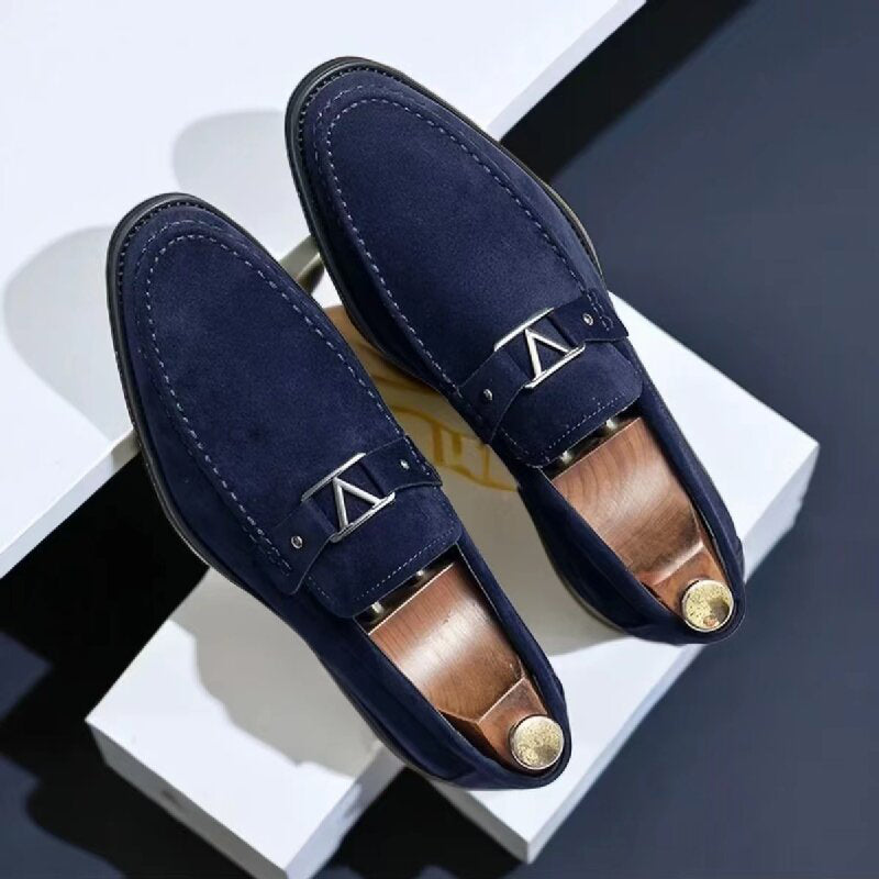 Men's Loafers - Metal Buckle and Apron Stitched Detail