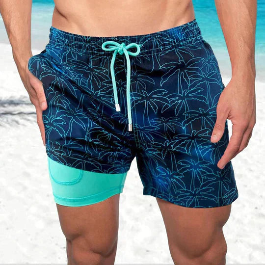 Men's 2-in-1 Swim Shorts - Graphic Print with Compression Liner and Drawstring Detail