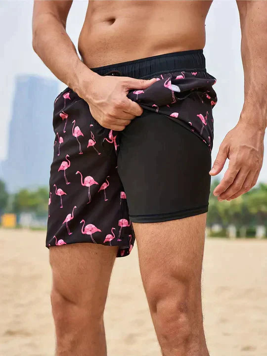 Men's 2-in-1 Swim Shorts - Graphic Print with Compression Liner and Drawstring Detail