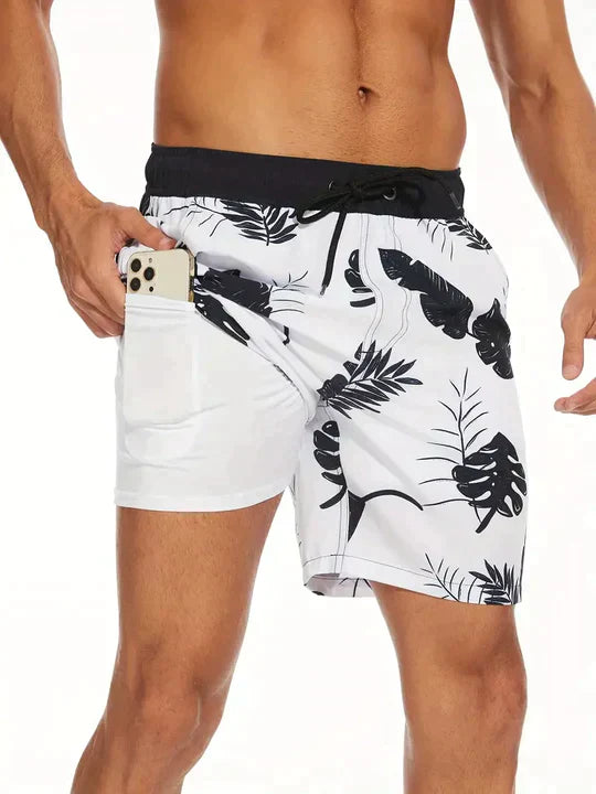 Men's 2-in-1 Swim Shorts - Graphic Print with Compression Liner and Drawstring Detail