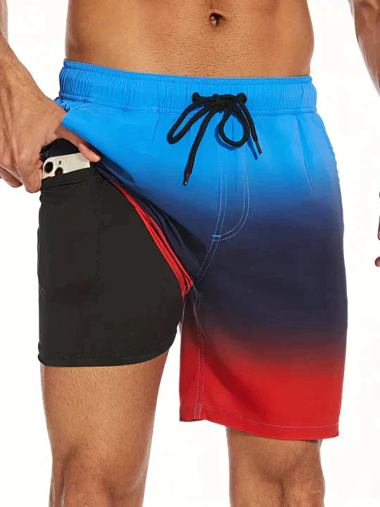 Men's 2-in-1 Swim Shorts - Graphic Print with Compression Liner and Drawstring Detail