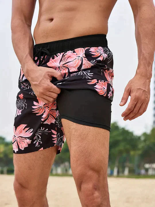 Men's 2-in-1 Swim Shorts - Graphic Print with Compression Liner and Drawstring Detail