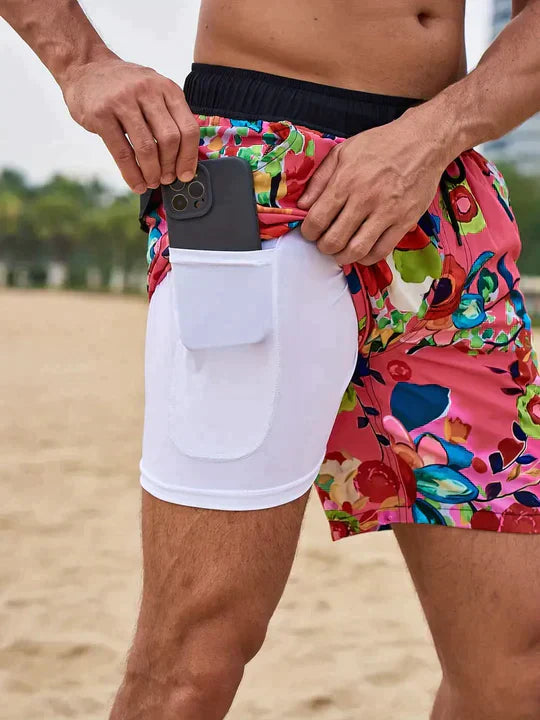 Men's 2-in-1 Swim Shorts - Graphic Print with Compression Liner and Drawstring Detail