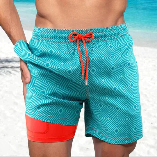 Men's 2-in-1 Swim Shorts - Graphic Print with Compression Liner and Drawstring Detail