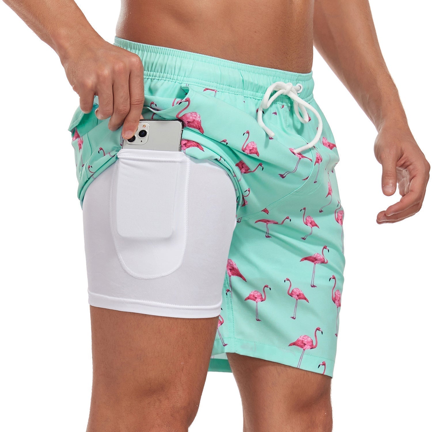 Men's 2-in-1 Swim Shorts - Graphic Print with Compression Liner and Drawstring Detail