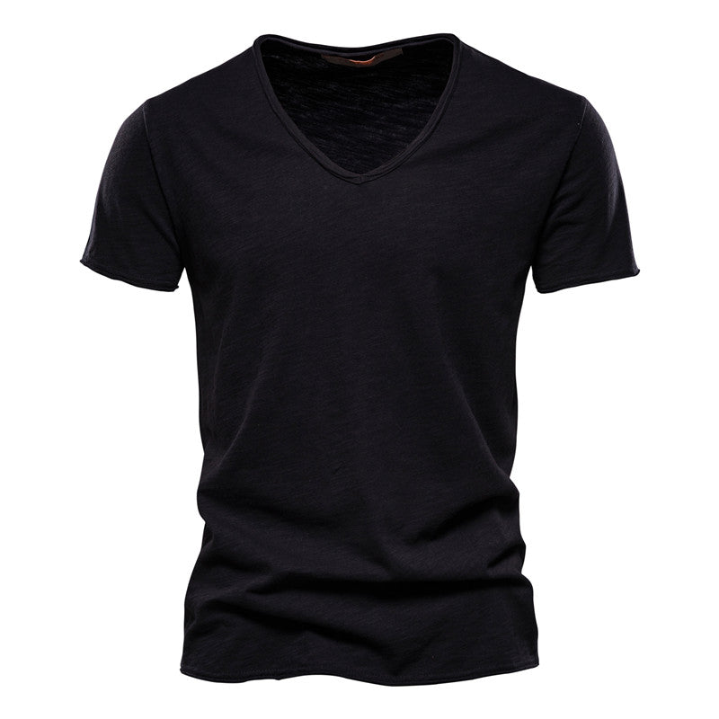 Men's T-Shirt - Slub Knit Design with V-Neck and Raw Edge Detail