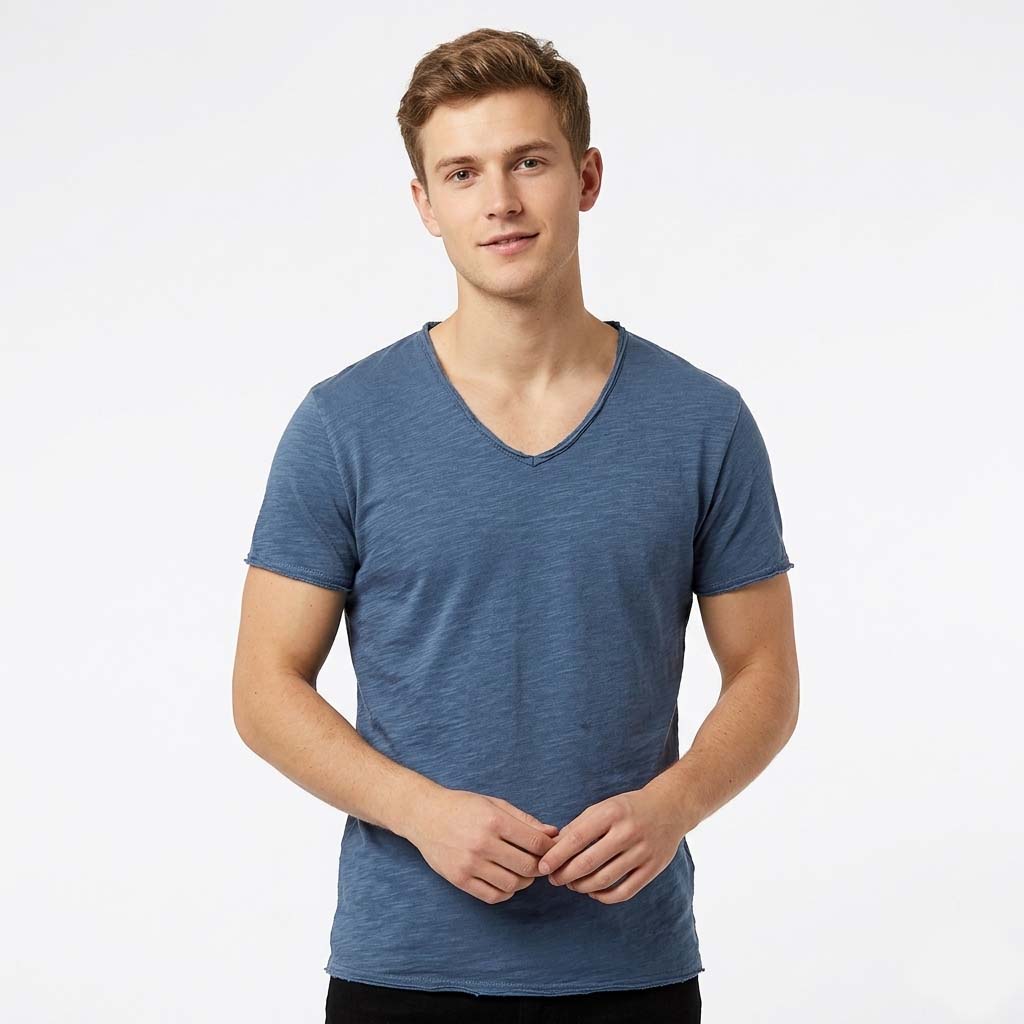 Men's T-Shirt - Slub Knit Design with V-Neck and Raw Edge Detail