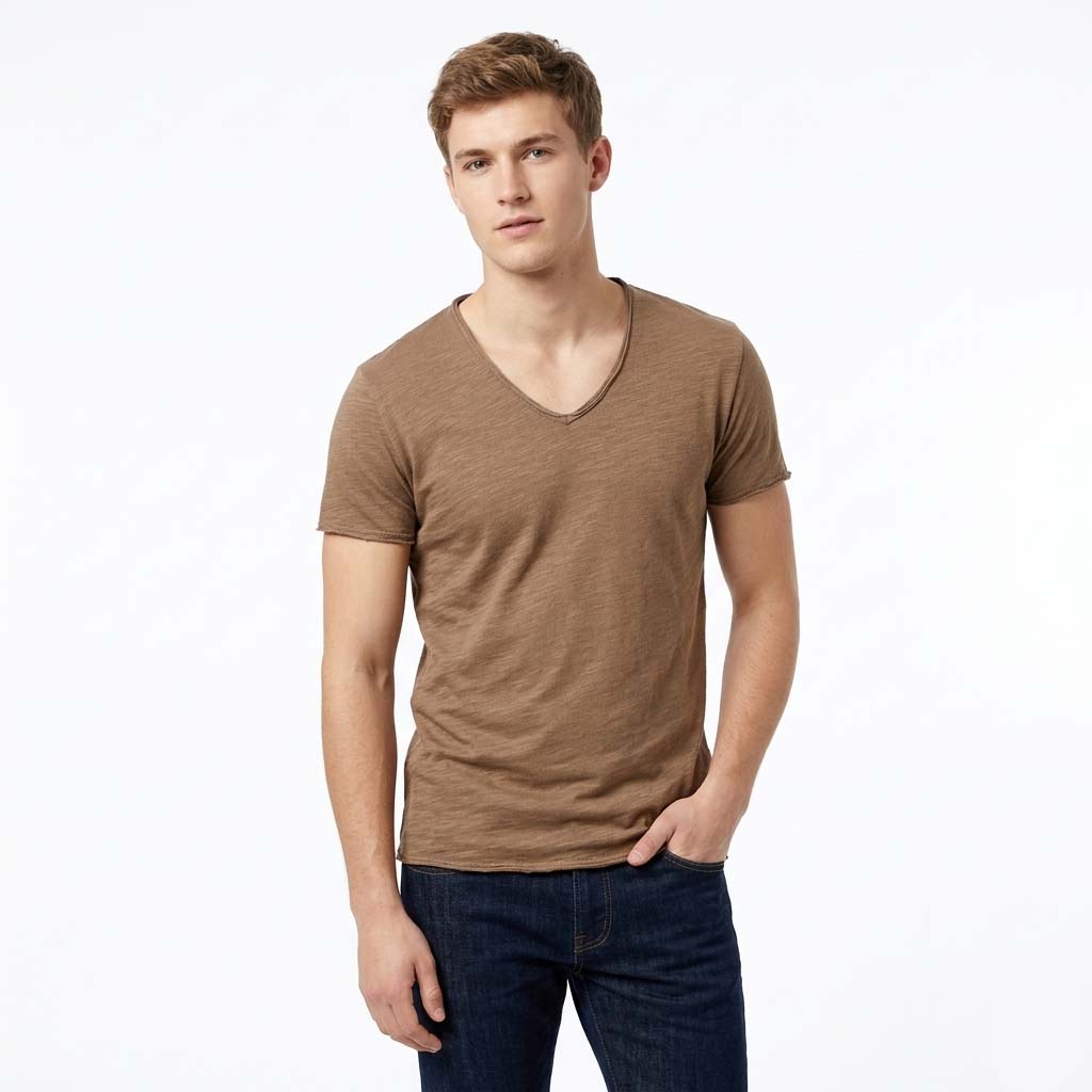 Men's T-Shirt - Slub Knit Design with V-Neck and Raw Edge Detail