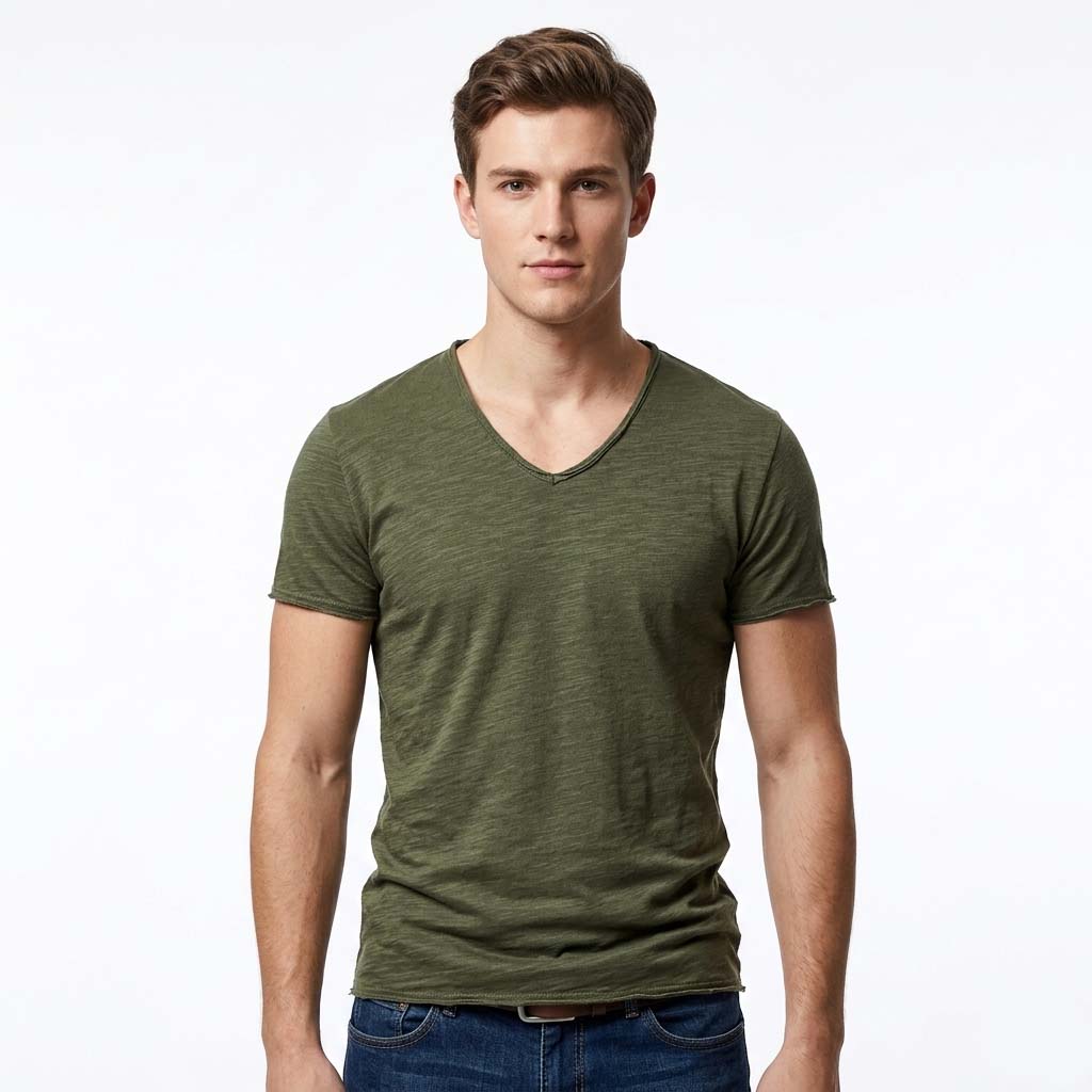Men's T-Shirt - Slub Knit Design with V-Neck and Raw Edge Detail