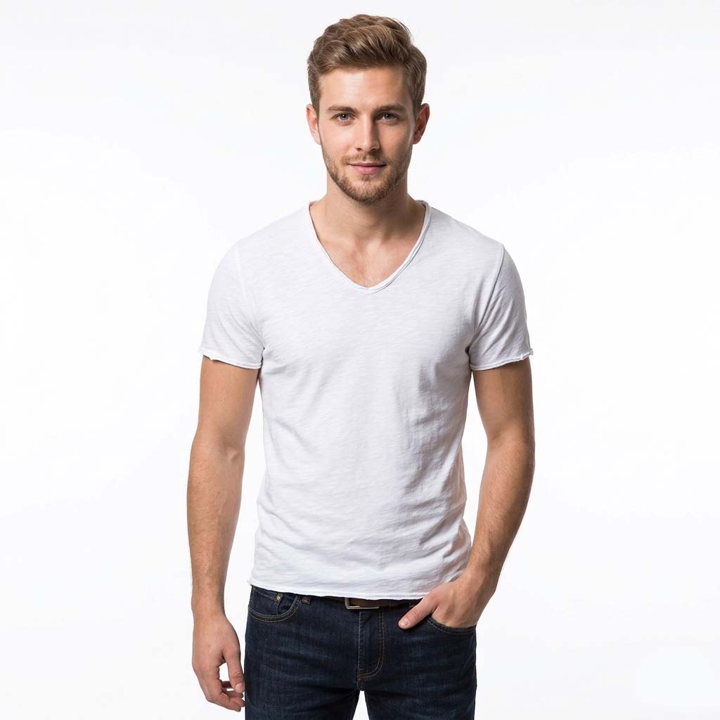 Men's T-Shirt - Slub Knit Design with V-Neck and Raw Edge Detail