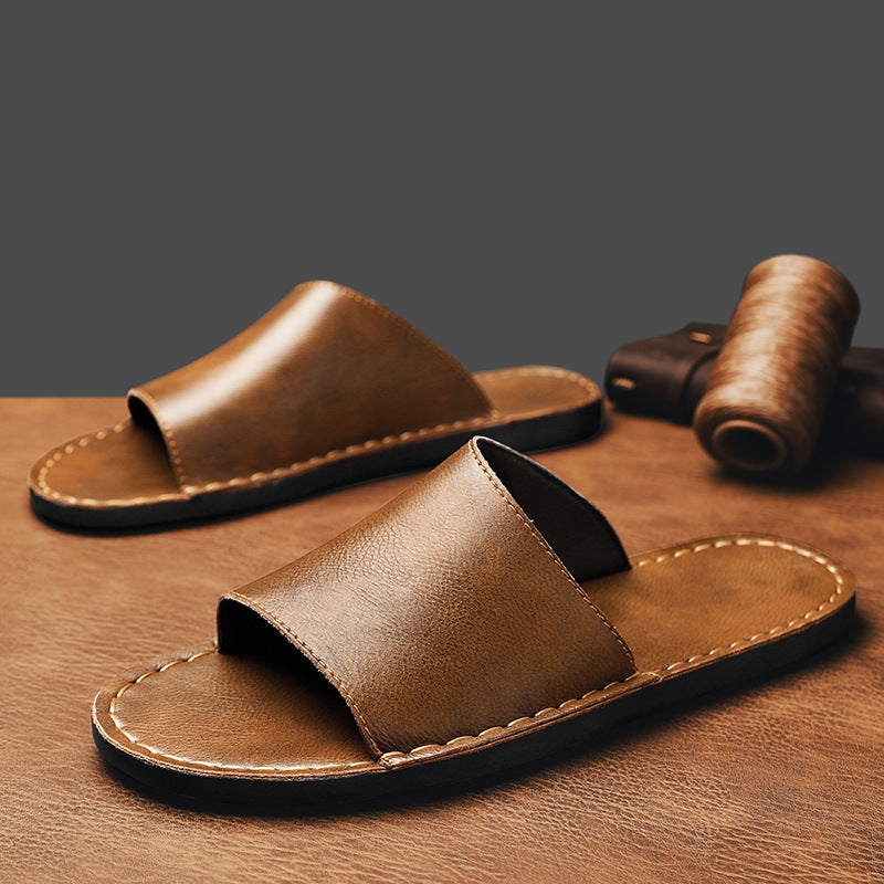 Men's Sandals - Leather Slider Design with Open Toe and Flat Sole Detail