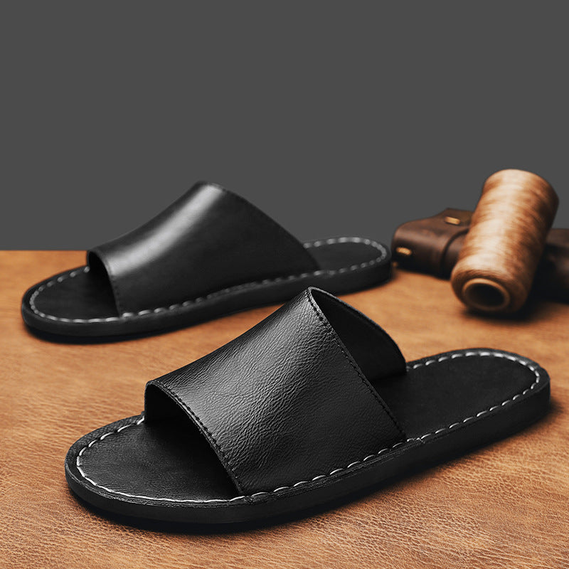 Men's Sandals - Leather Slider Design with Open Toe and Flat Sole Detail