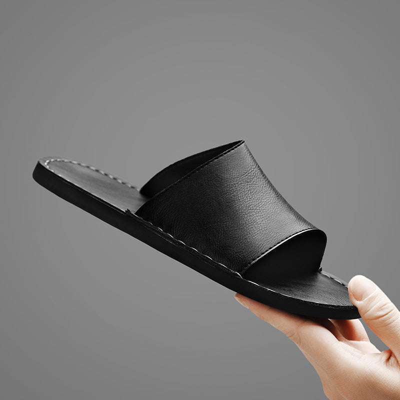 Men's Sandals - Leather Slider Design with Open Toe and Flat Sole Detail