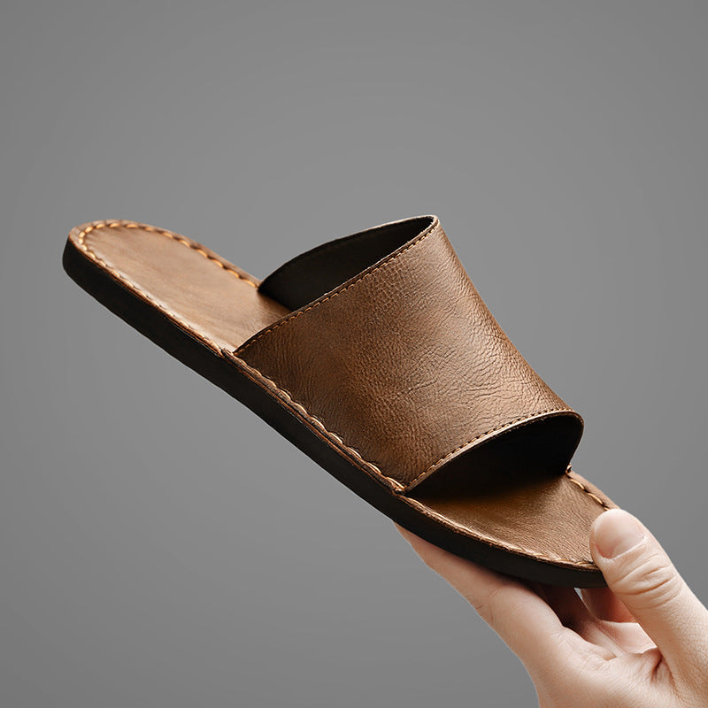 Men's Sandals - Leather Slider Design with Open Toe and Flat Sole Detail