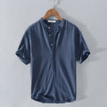 Men's Linen Shirt - Grandad Collar Design and Short Sleeve Relaxed Fit Detail