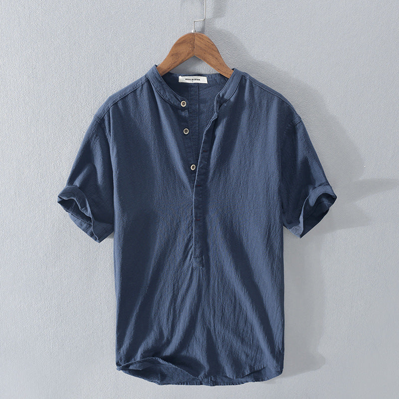 Men's Linen Shirt - Grandad Collar Design and Short Sleeve Relaxed Fit Detail