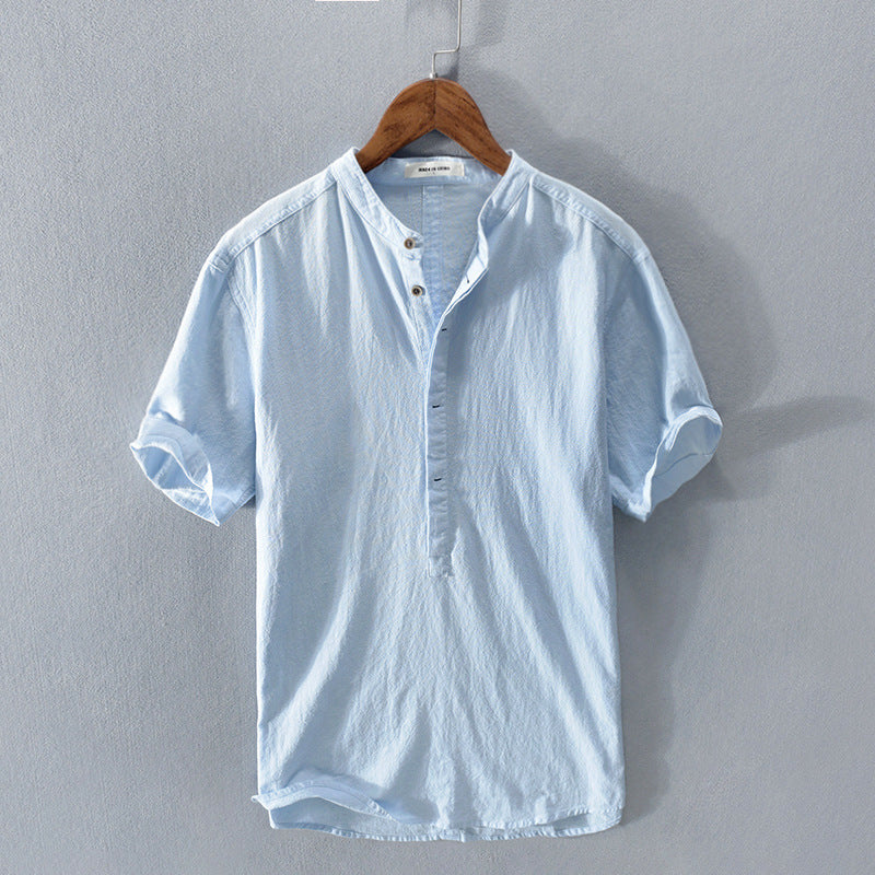 Men's Linen Shirt - Grandad Collar Design and Short Sleeve Relaxed Fit Detail