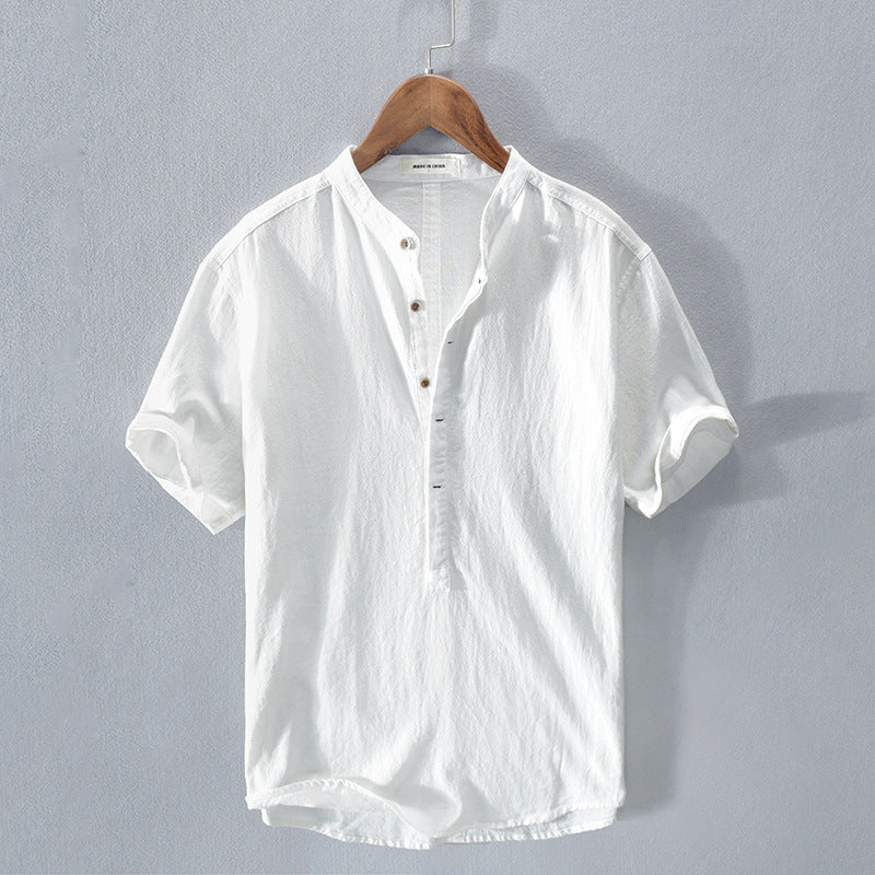 Men's Linen Shirt - Grandad Collar Design and Short Sleeve Relaxed Fit Detail