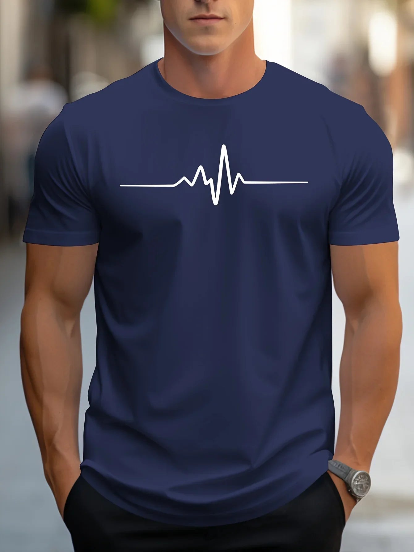 Men's T-Shirt - Heartbeat Graphic Print and Classic Crew Neck Detail