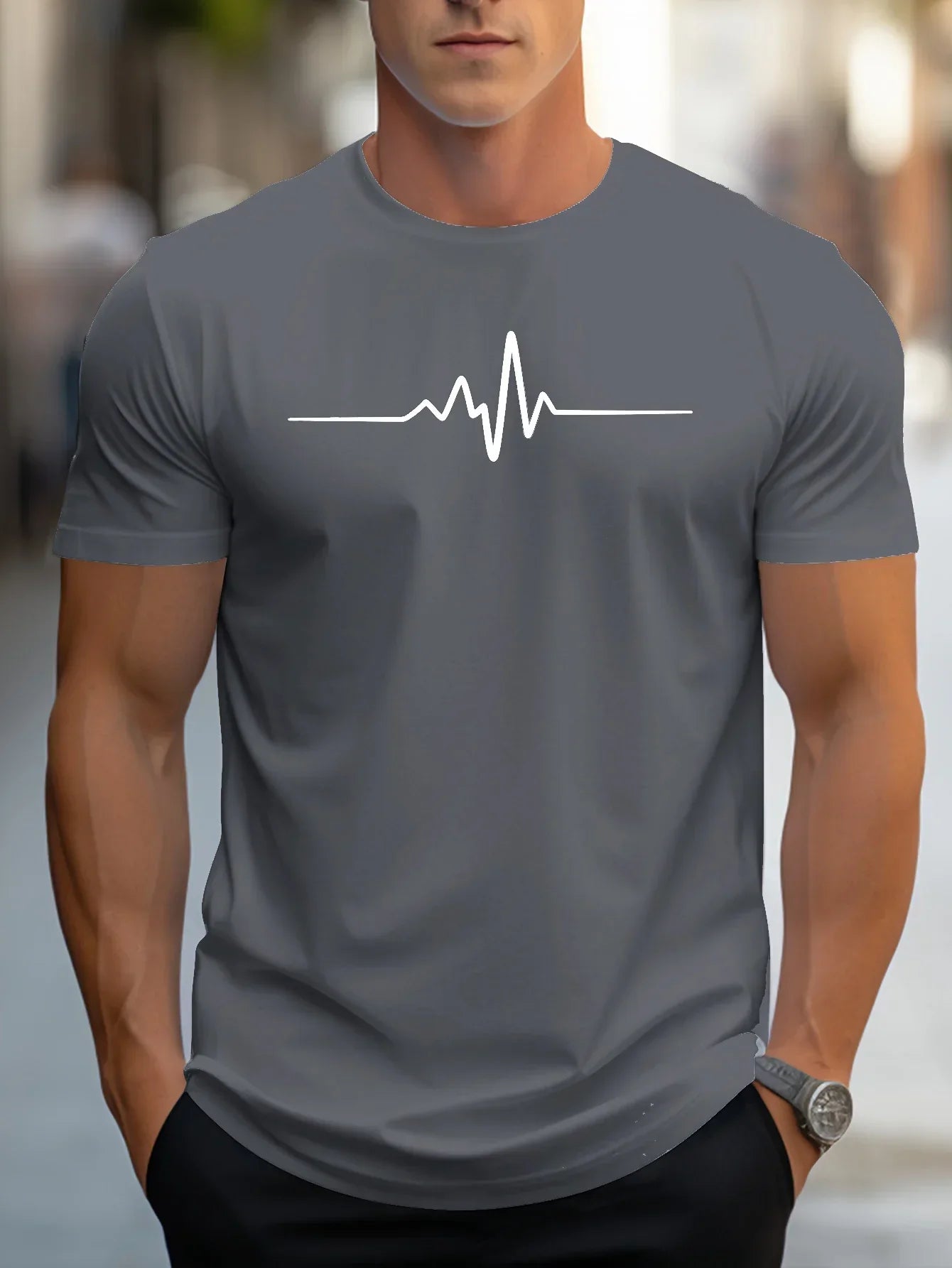 Men's T-Shirt - Heartbeat Graphic Print and Classic Crew Neck Detail