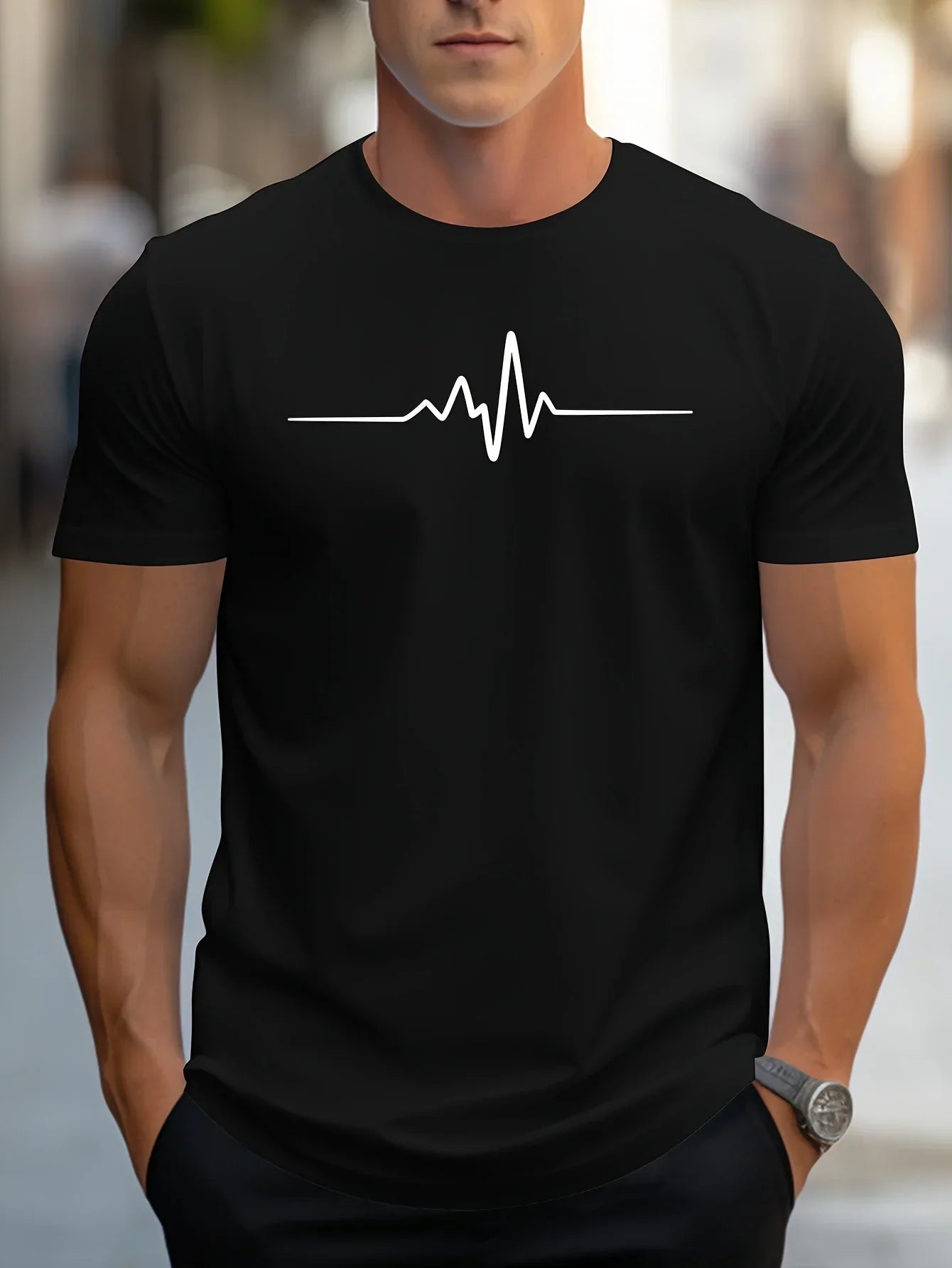 Men's T-Shirt - Heartbeat Graphic Print and Classic Crew Neck Detail