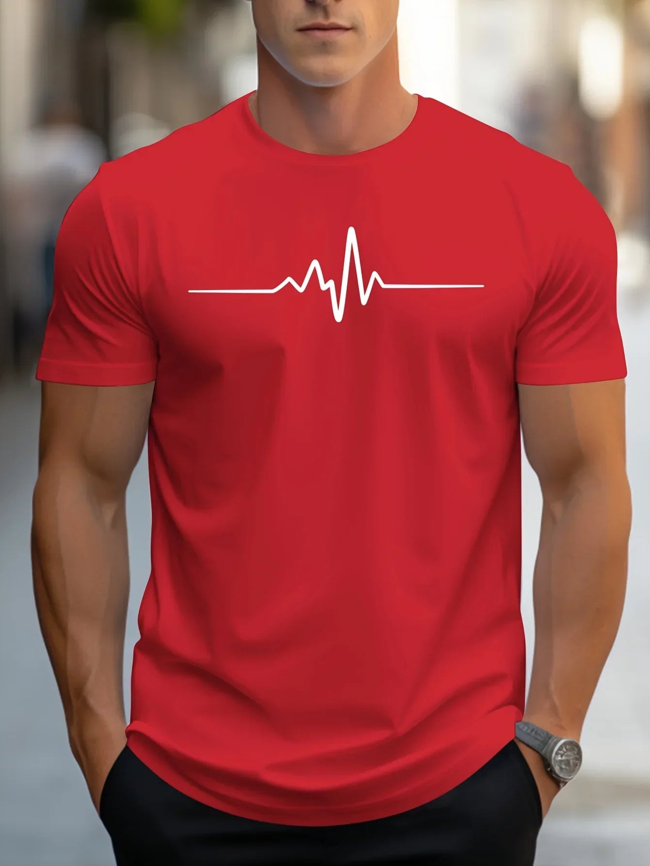 Men's T-Shirt - Heartbeat Graphic Print and Classic Crew Neck Detail