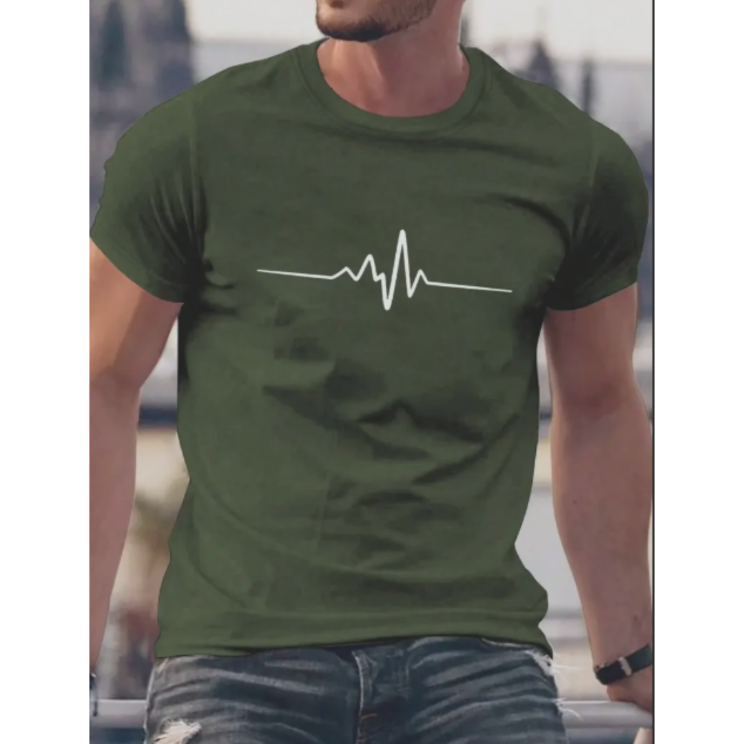 Men's T-Shirt - Heartbeat Graphic Print and Classic Crew Neck Detail