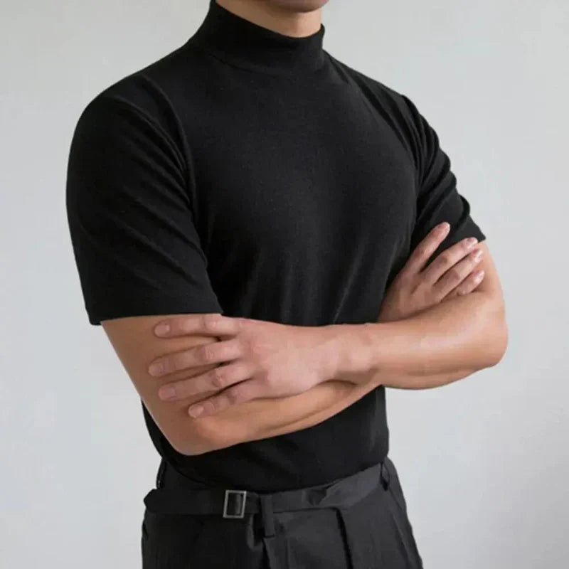 Men's Mock Neck T-Shirt - Short Sleeve Design and Slim Fit High Collar Detail