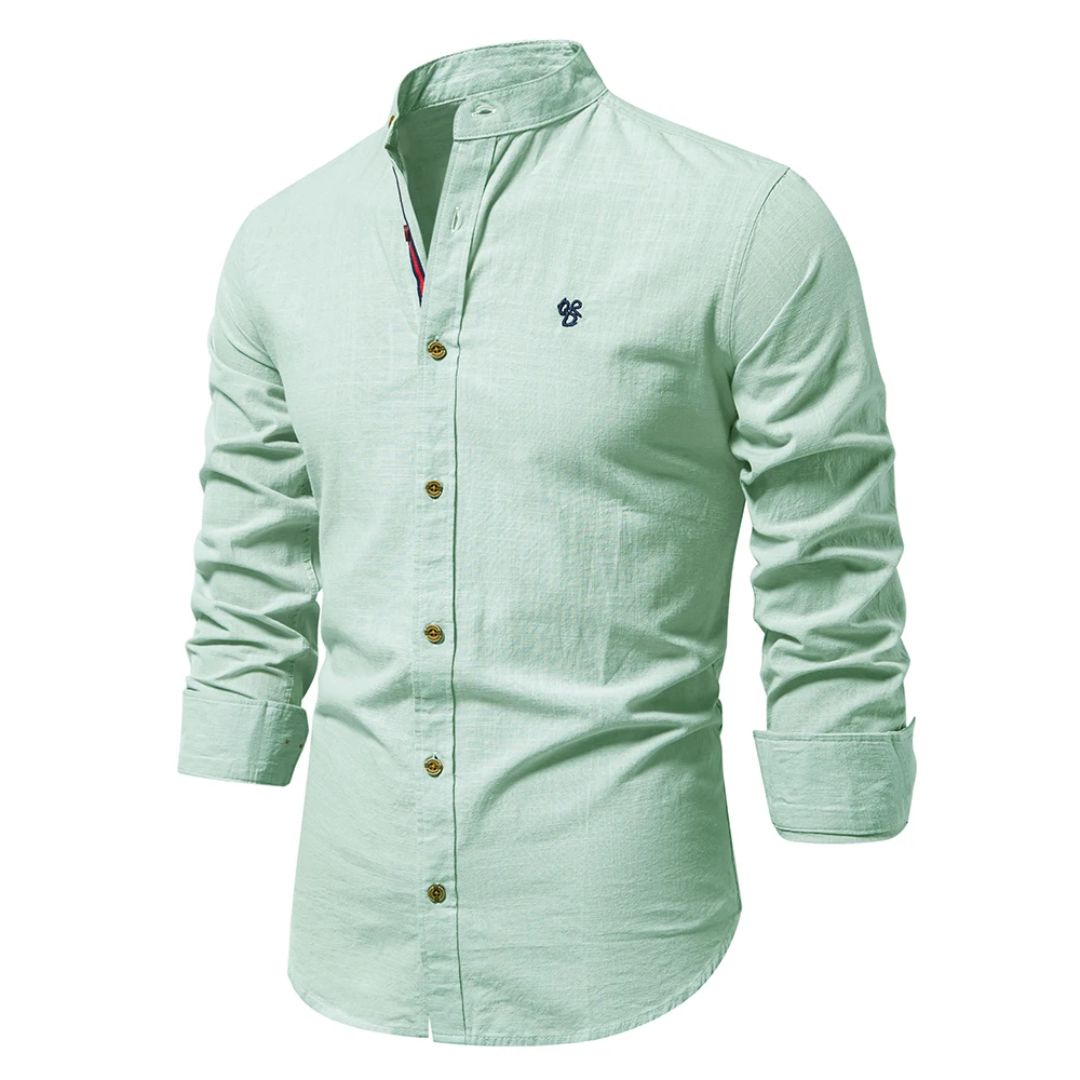 Men's Linen Shirt - Grandad Collar and Slim Fit Detail