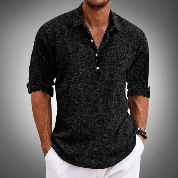 Men's Linen Shirt - Henley V-Neckline and Roll-Sleeve Detail