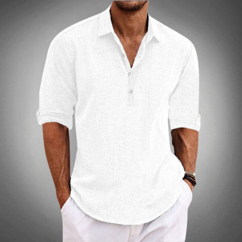 Men's Linen Shirt - Henley V-Neckline and Roll-Sleeve Detail