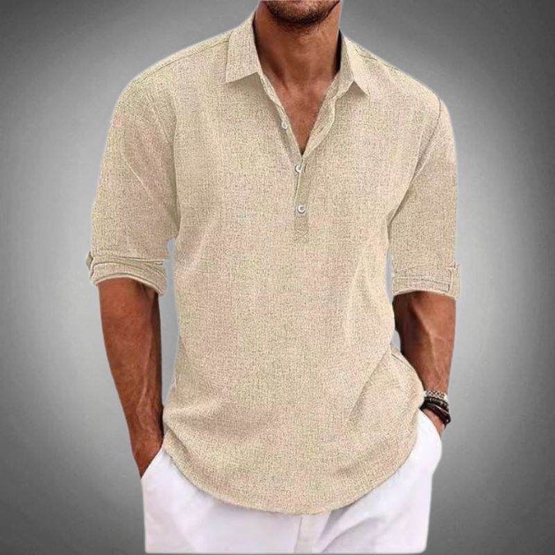 Men's Linen Shirt - Henley V-Neckline and Roll-Sleeve Detail