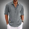 Men's Linen Shirt - Henley V-Neckline and Roll-Sleeve Detail