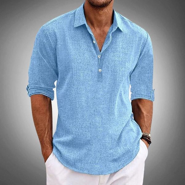 Men's Linen Shirt - Henley V-Neckline and Roll-Sleeve Detail
